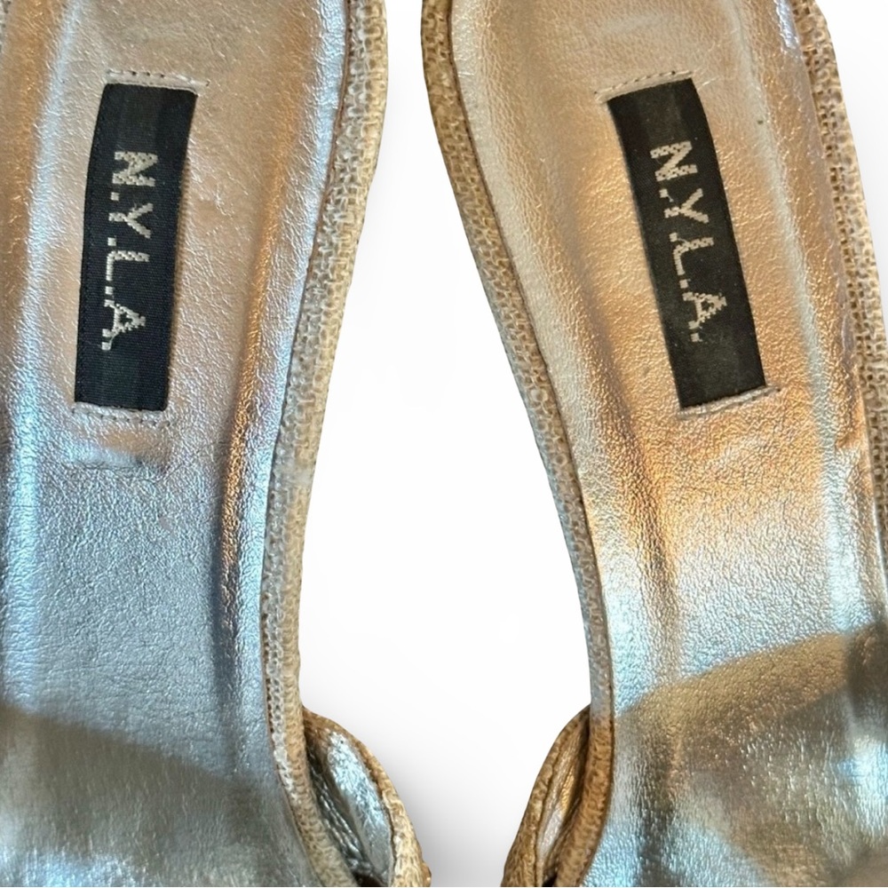 N.Y.L.A. Wednesday Pump Linen Rhinestone studded nude beige silver mules Sz 8 - Picture 8 of 9